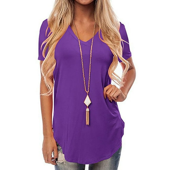 MAWCLOS Summer V Neck Tunic Blouse for Women Short Sleeve Solid Color T-shirt Ladies Fashion Loose Tee Purple M