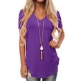 thumbnail image 1 of MAWCLOS Summer V Neck Tunic Blouse for Women Short Sleeve Solid Color T-shirt Ladies Fashion Loose Tee Purple S, 1 of 4