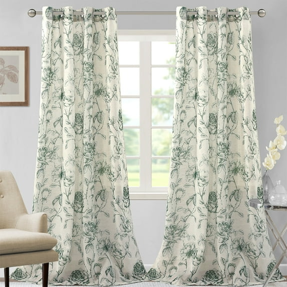 MAWCLOS Voile Window Curtain Semi Sheer Curtains Light Filtering Long Grommet Vintage Treatments Floral Print Privacy Green 52 x 54 in