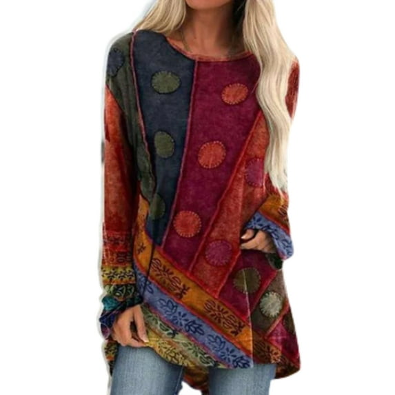 MAWCLOS Women Crew Neck Pullover Loose Loungewear Tunic Blouse Floral Print Vintage Work T Shirt Tee Red XXL