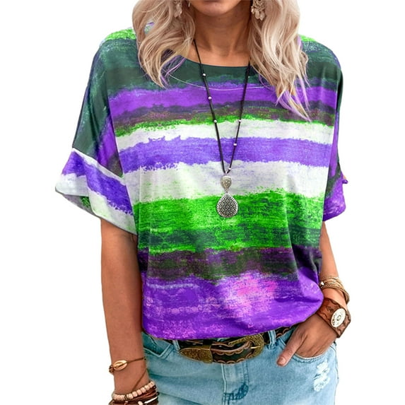 MAWCLOS Women Gradient Tops Loose Loungewear Pullover Stripe Round Collar Work T Shirt T-shirt