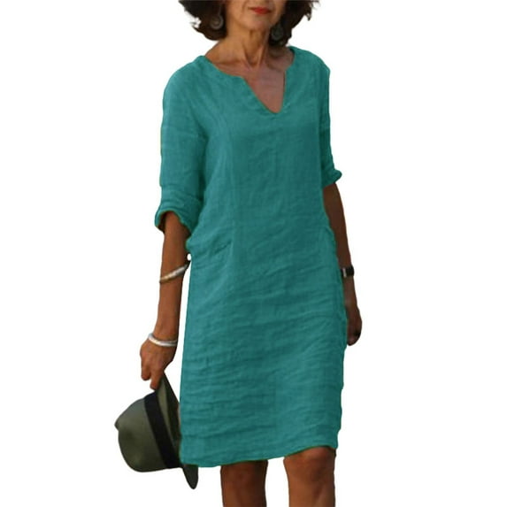 MAWCLOS Women Half Sleeve Dress V Neck Casual Sundress Cotton Linen Shirt Dress Light Green 3XL