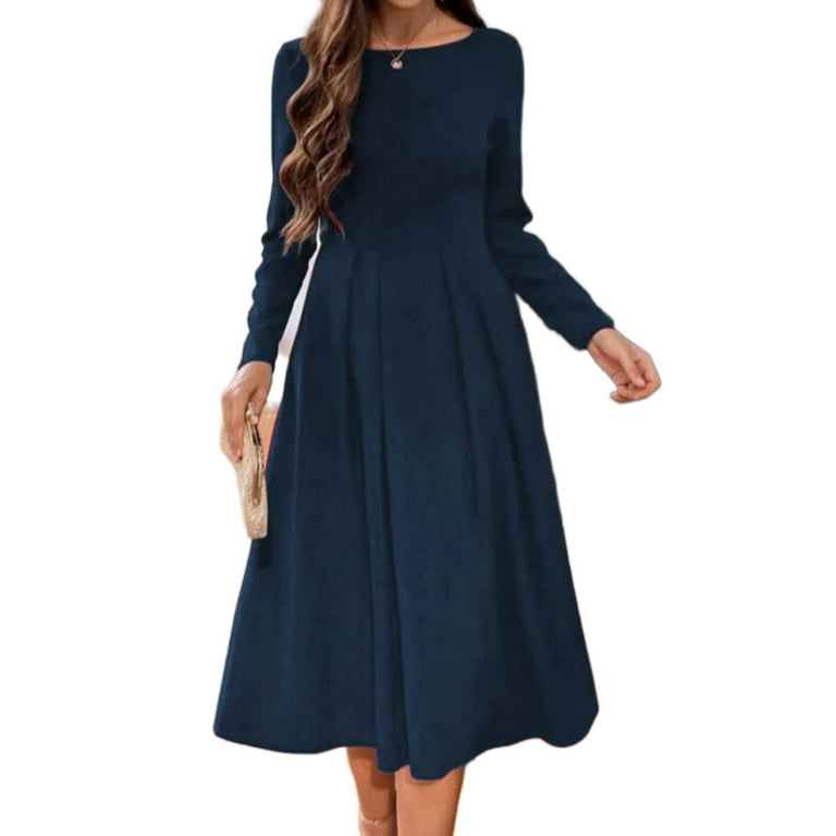 Aueoeo Winter Dresses For Women 2023 Formal Dresses For Women Fashion Women  Casual Sexy Round Neck Solid Long Sleeve Summer Party Dress Clearance
