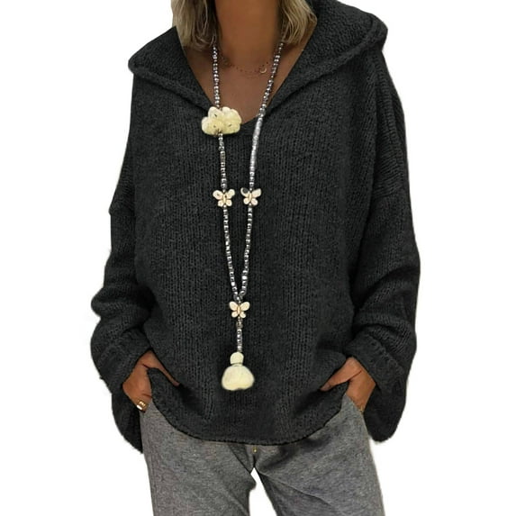 MAWCLOS Women Solid Color Hoodie Sweater Casual Loungewear Knitted Sweaters Long Sleeve Plain Chic Pullover Hooded Tops Black L