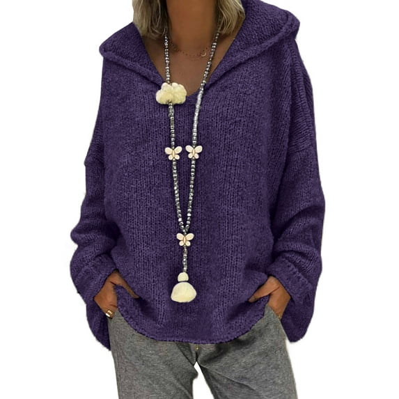 MAWCLOS Women Solid Color Hoodie Sweater Casual Loungewear Knitted Sweaters Long Sleeve Plain Chic Pullover Hooded Tops Violet M