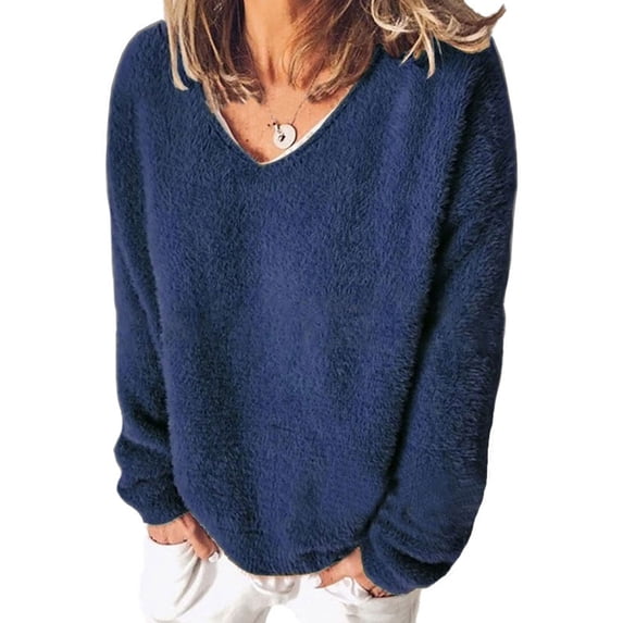 MAWCLOS Women V Neck Sweatshirt Loose Fit Fall Pullover Long Sleeve Warm Holiday Tops Tunic Navy Blue M