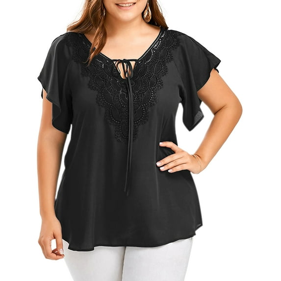 MAWCLOS Women's Plus Size Tops Short Sleeve T Shirts V Neck Basic Tee Blouse Summer Lace Splicing Tunic