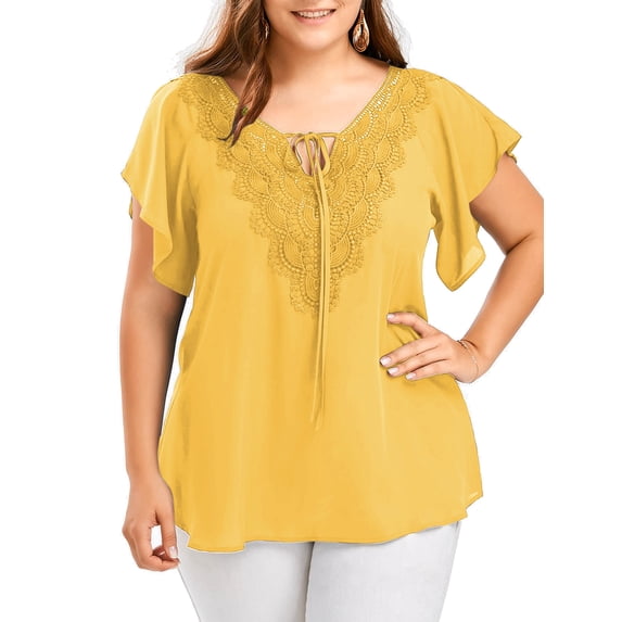 MAWCLOS Women's Plus Size Tops Short Sleeve T Shirts V Neck Basic Tee Blouse Summer Lace Splicing Tunic