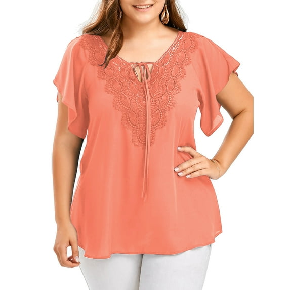 MAWCLOS Women's Plus Size Tops Short Sleeve T Shirts V Neck Basic Tee Blouse Summer Lace Splicing Tunic