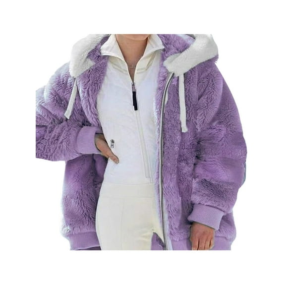 MAWCLOS Women's Winter Plush Jacket Zip Up Long Sleeve Hooded Outwear Pocket Coat