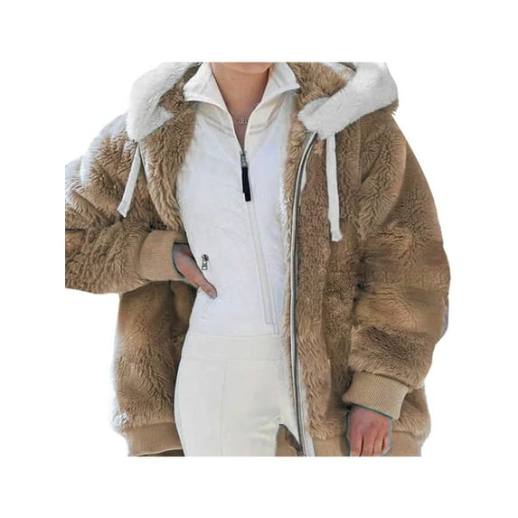 MAWCLOS Women's Winter Plush Jacket Zip Up Long Sleeve Hooded Outwear Pocket Coat
