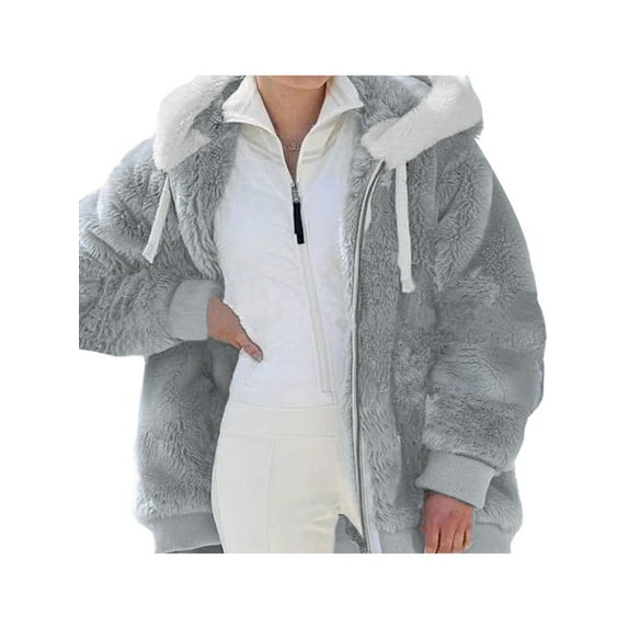 MAWCLOS Women's Winter Plush Jacket Zip Up Long Sleeve Hooded Outwear Pocket Coat