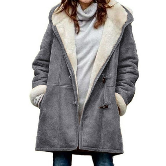MAWCLOS Womens Hooded Coat Plus Size Overcoat Fleece Lined Horn Buttons Coat with Pockets Winter Warm Sherpa Jackets