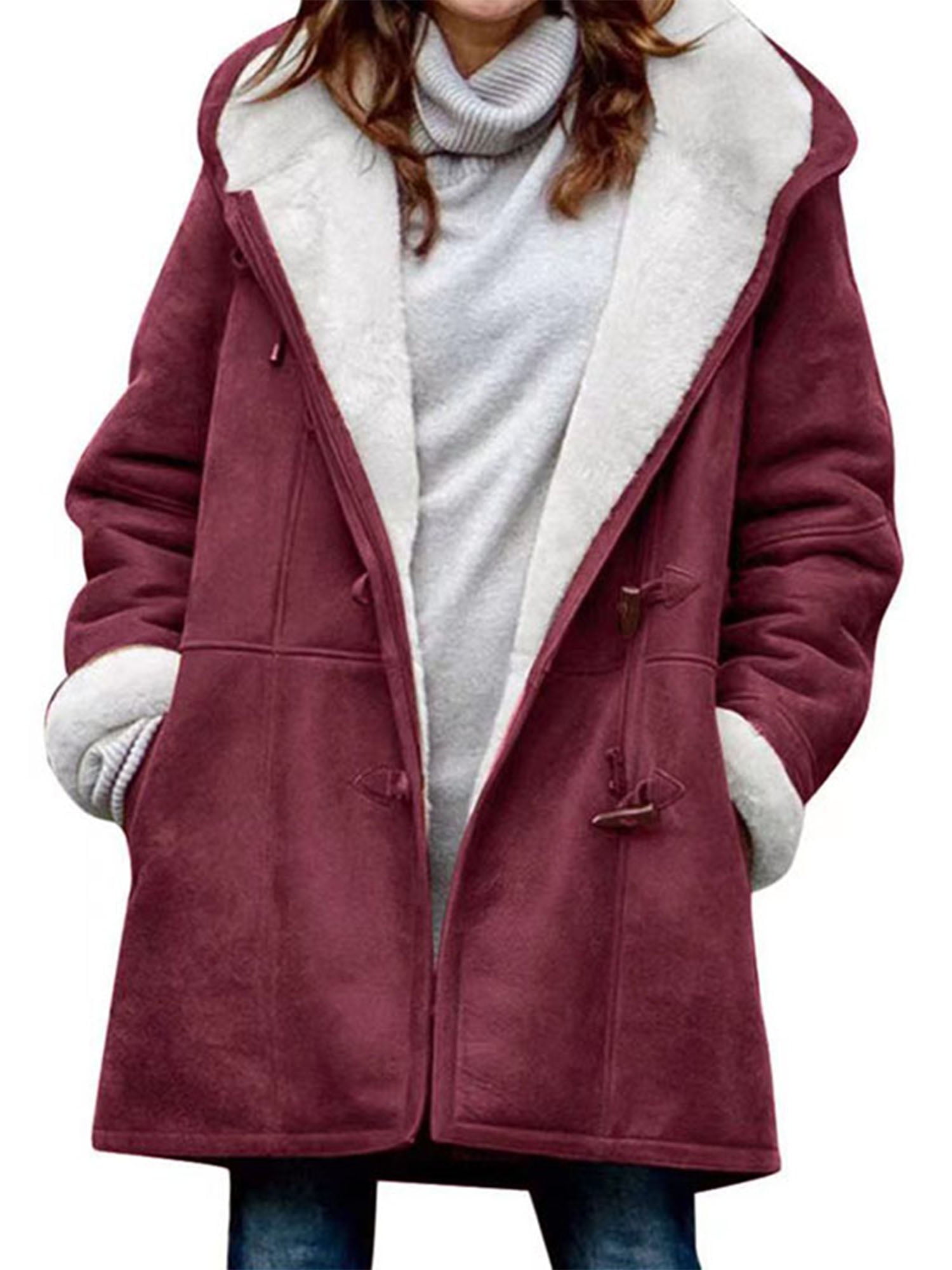 Wine Fleece Hooded Coat. Long Wrap Winter Coat. Pixie Fleece 