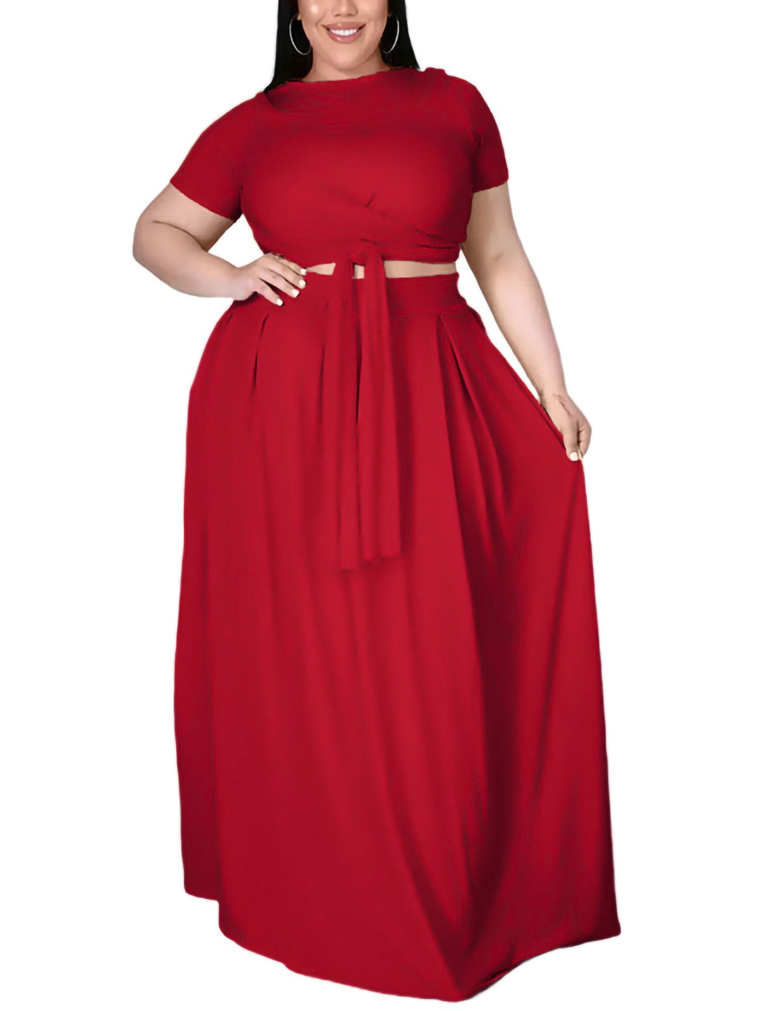 MAWCLOS Plus Size 2 Piece Summer Casual Set for Women Sexy Solid Color  Dress Outfits Long Skirts and Short Sleeve Crop Tops with Cross Belt Suits