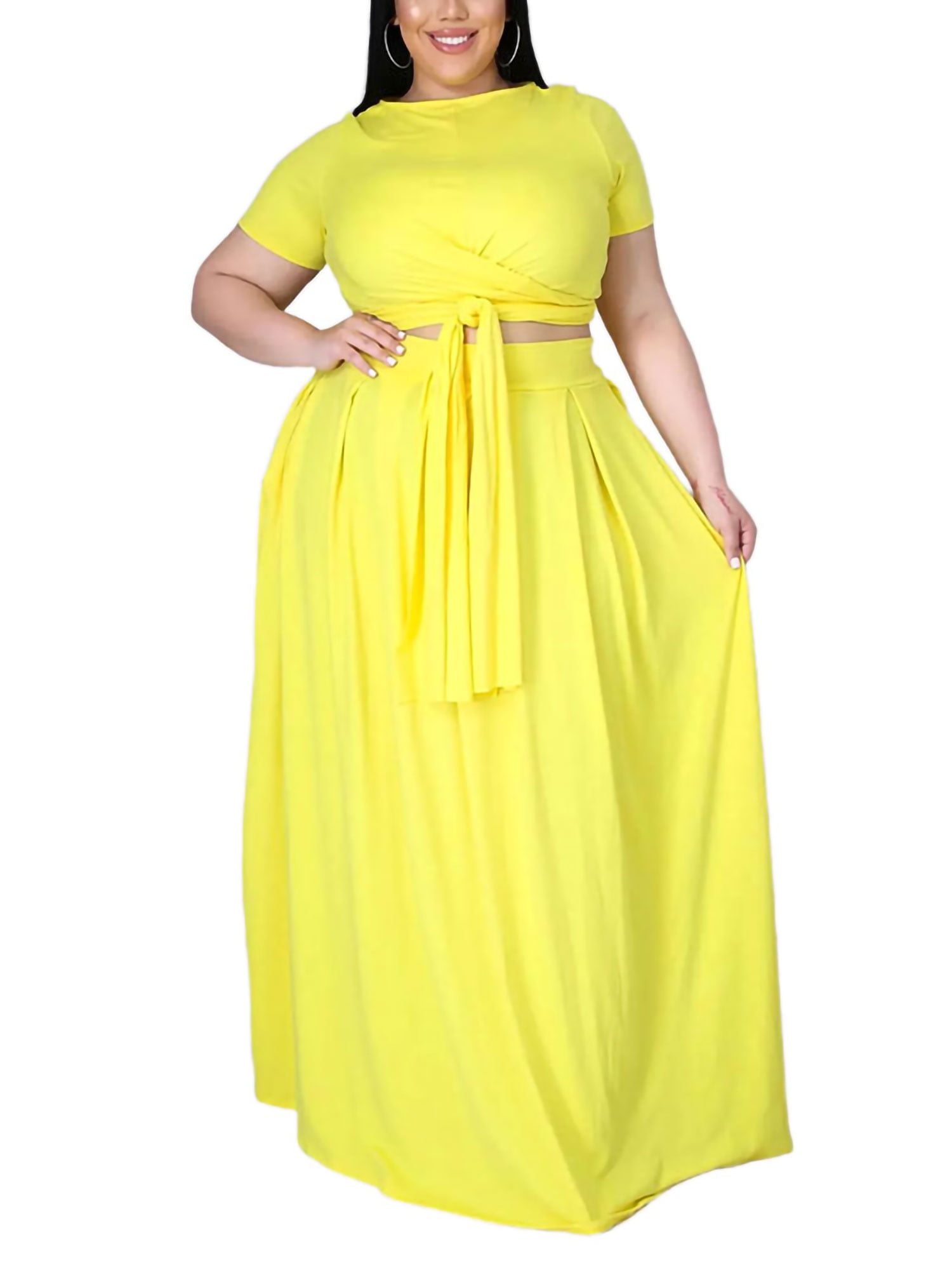 MAWCLOS Womens Plus Size 2 Piece Outfits Summer Solid Color Short Sleeve  Tops and Long Skirts Casual Sets for Beach Vacation 