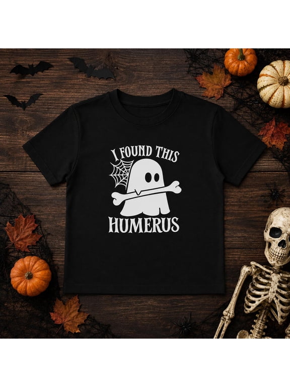 Kids Halloween T‑Shirt, I Found This Humerus Funny Ghost Bone Graphic Short Sleeve Cotton Tee for Boys Girls 3‑13 Years Old