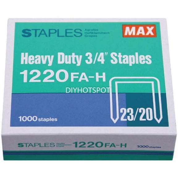 MAX 1220FA-H Heavy Duty 3/4" Staples For Use With HD-12N/24 Heavy-duty Stapler, 150 to 200 Sheets Capacity, 1/2" Crown Size, 100 Staples For Strip, Box of 1000 Staples