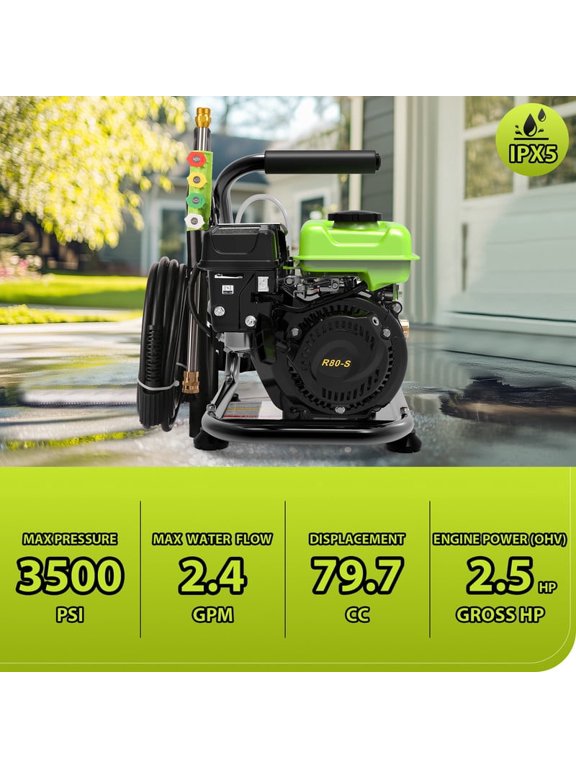 MAX 3500PSI Gas Pressure Washer, 2.4GPM 79.7CC 25FT Hose 1L Foam Bottle 5 Tip Heavy-Duty Professional Gas Power Washer, 2.5HP Commercial Pressure Washer Gas Powered for Car Home, Green