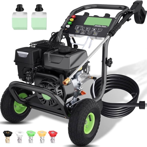 MAX 4200PSI 4GPM 196CC Professional Gas Pressure Washer, 9" Wheels 25FT Hose 6.5 HP Commercial Gas Power Washer with 5 Nozzles 0.7L*2 Foam Bottle for Car Fence Driveway Yard (EPA/CARB/ETL Compliant)