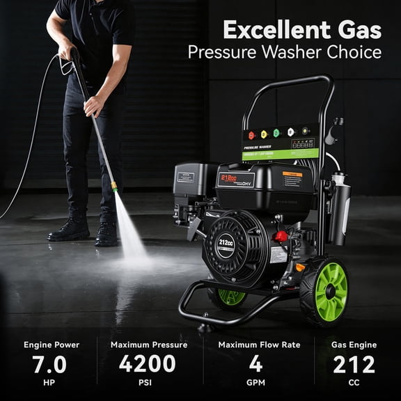 MAX 4200PSI Gas Pressure Washer, 3600RPM 4GPM 212CC 8" Wheel 25FT Hose 1L Foam Bottle 5 Tip Heavy-Duty Professional Gas Power Washer, 7.0HP Commercial Pressure Washer Gas Powered for Car Home, Black
