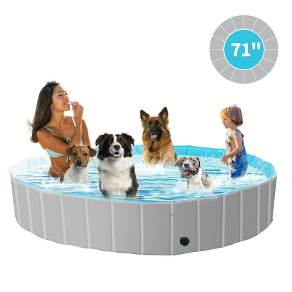 MAX Chill-Out 71" Foldable Dog Swimming Pool with Water Drainage Hole, Collapsible Hard Plastic Wading Pool for Dogs & Kids, Outdoor Pet Bath Tub, X-Large