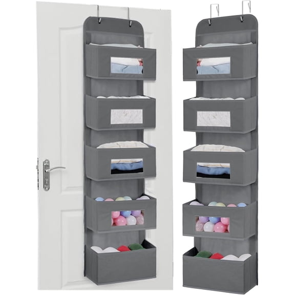 MAX Houser (2 Pack) 5-Shelf Over The Door Hanging Organizer with 2 Metal Hooks (Gray)