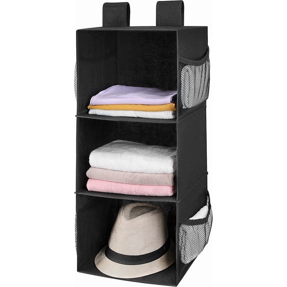 MAX Houser 3-Shelf Hanging Closet Organizer, Hanging Sweater Organizer, Foldable Hanging Shelves for Closet with 2 Velcro, Black