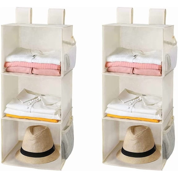 MAX Houser 3-Shelf Hanging Closet Organizers, Collapsible Closet Hanging Shelves for Camper, Nursery Hanging Organizers, Beige, 2-Pack