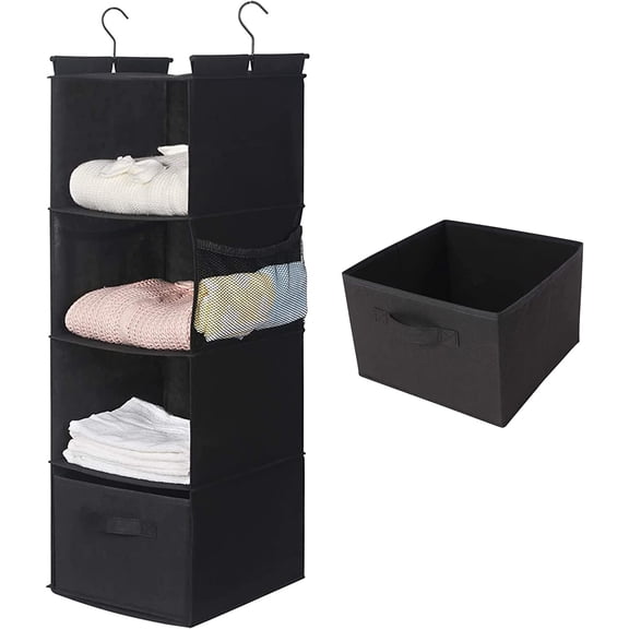 MAX Houser 4-Shelf Hanging Closet Organizer, Space Saver, Cloth Hanging Shelves with 2 Side Pockets, Foldable (Black)