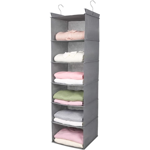 MAX Houser 6 Tier Shelf Hanging Closet Organizer, Closet Hanging Shelf with 2 Sturdy Hooks for Storage, Foldable (Light Grey)