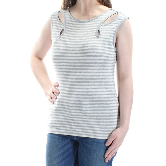 MAX STUDIO Womens Gray Cut Out Striped Sleeveless Jewel Neck Top Size: M