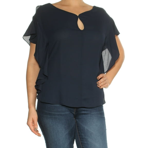 MAX STUDIO $68 Womens New 1020 Navy Ruffled Keyhole Short Sleeve Top L B B