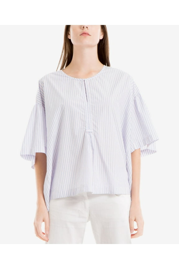 $78 Womens New 1105 Blue Striped Sheer Short Sleeve Top XS B+B