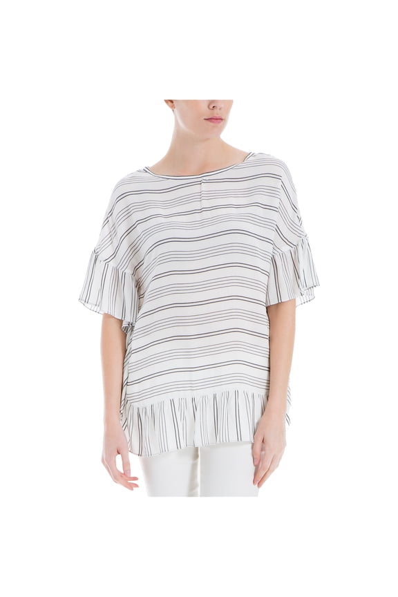 Womens White Ruffled Striped Dolman Sleeve Jewel Neck T-Shirt Top Size: S