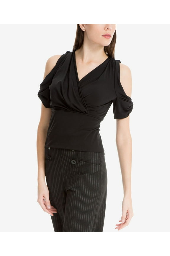 Womens Black Cold Shoulder Surplice V Neck Cocktail Top L