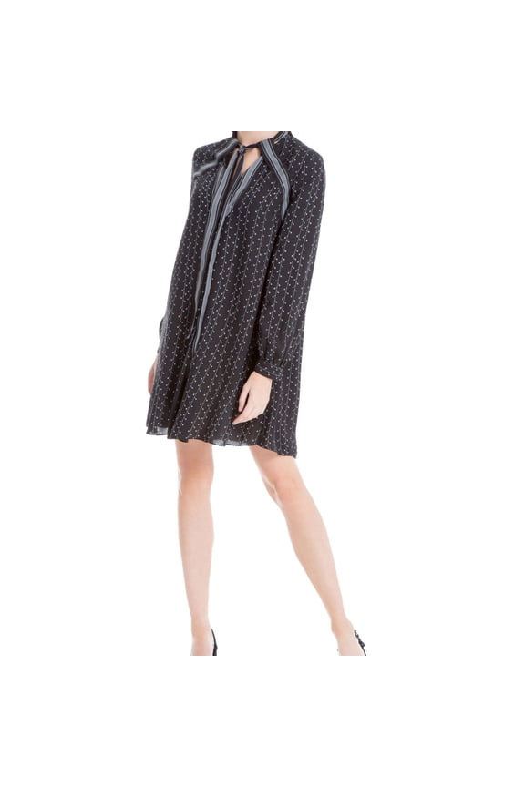 Womens Black Printed Long Sleeve Above The Knee Shift Dress Size: M