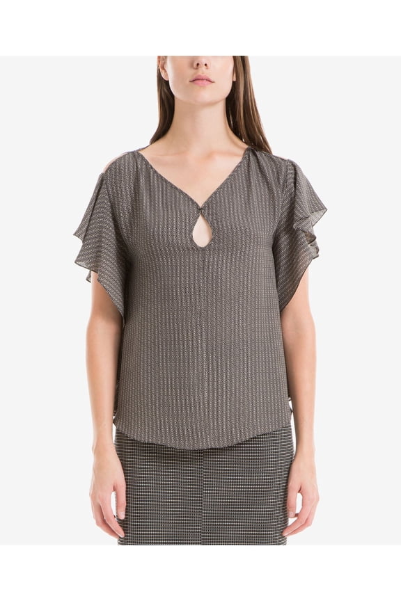 Womens Black Ruffled Geometric Sleeveless Keyhole Top S