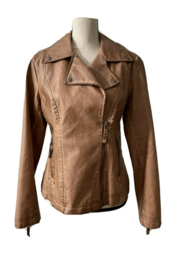 Womens Brown Pocketed Zippered Motorcycle Jacket Size: M