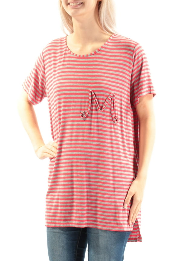 Womens Red Emblem Hi Lo Striped Short Sleeve Jewel Neck T-Shirt S