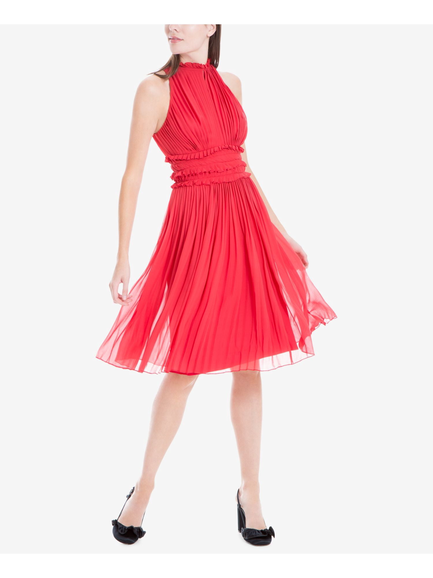 max studio halter dresses Womens Red Low Cut Pleated Sleeveless Above The Knee Party Fit + Flare Dress L floor-length bridesmaid dresses