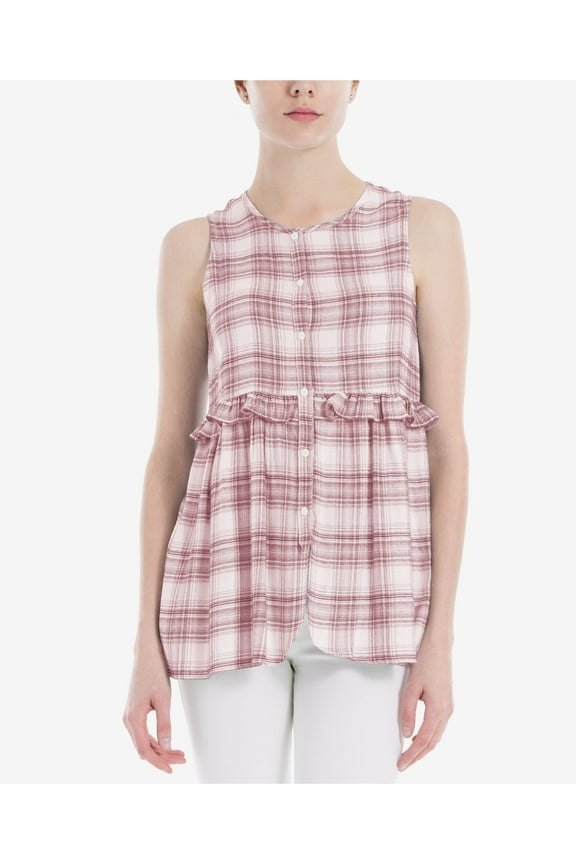Womens Red Ruffled Plaid Sleeveless Scoop Neck Button Up Top Size: S