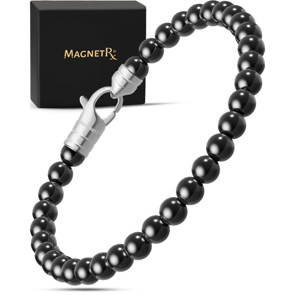 MagnetRX® Hematite Beaded Bracelet – 6mm Magnetic Hematite Beads with Stainless Steel Clasp, Unisex Bracelet (Classic, Large)