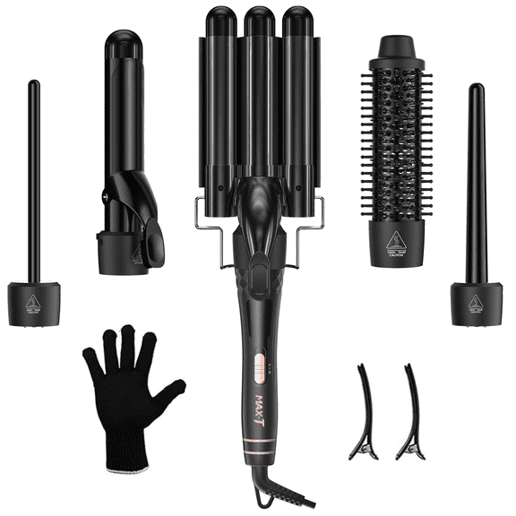 MAX-T 5-in-1 Curling Iron Set, Hair Waver, Curling Irons for Hair, Curling Wand Set, Hair Crimper Hair Curler, Hair Tool Kit with Thermal Brush, Gift for Women, Black