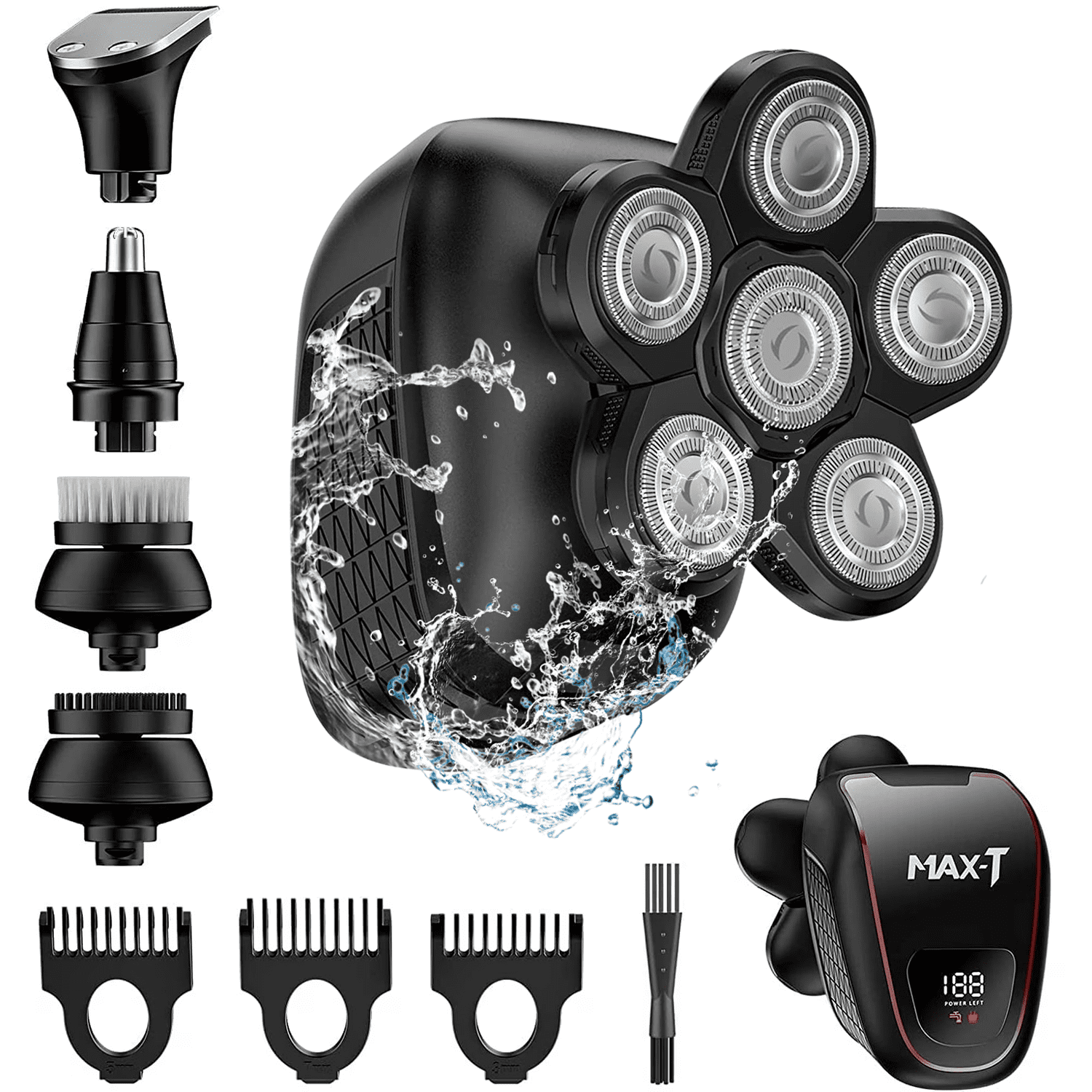 MAX-T 5-in-1 Head Shaver for Bald Men, 6D Floating Heads, Waterproof Wet/Dry Shower Shave, LED Display, 90min Runtime, Grooming Kit, Gift for Men