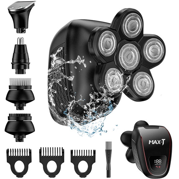 MAX-T 5-in-1 Head Shaver for Bald Men, 6D Floating Heads, Waterproof Wet/Dry Shower Shave, LED Display, 90min Runtime, Grooming Kit, Gift for Men
