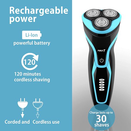 MAX-T Electric Shaver Razor Quick Charge Rotary Beard with Pop Up Trimmer Wet Dry IPX7 Waterproof for Men