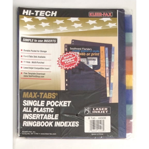 MAX-TABS Single Pocket All Plastic Insertable Multi-Punched Indexes (44508), Set with 8 Different Color Tabs