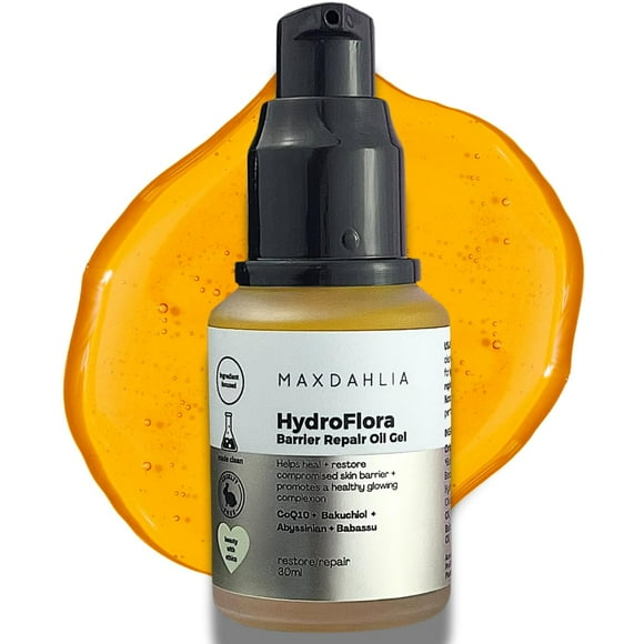 MAXDAHLIA Hydroflora Barrier Repair Oil Gel - Lightweight Moisturizer for Dry, Sensitive Skin - Hydrating Face Oil with CoQ10 & Bakuchiol - Non-Comedogenic, Anti-Aging, Skin Barrier Support C80