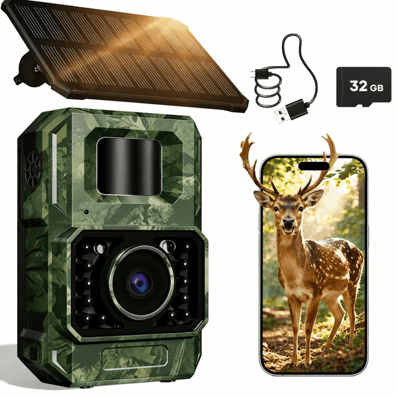 MAXDONE 48MP Bluetooth Trail Camera with 2000mAh Battery, Solar Panel, 32GB Memory Card